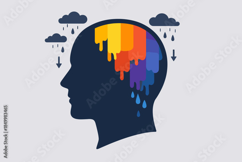 Colorful mind melt: dripping paint head silhouette with rainy overcast background
