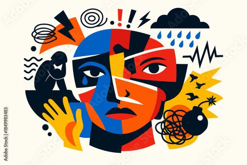 Abstract expressionism: surreal portrait with emotional elements and colorful geometric shapes