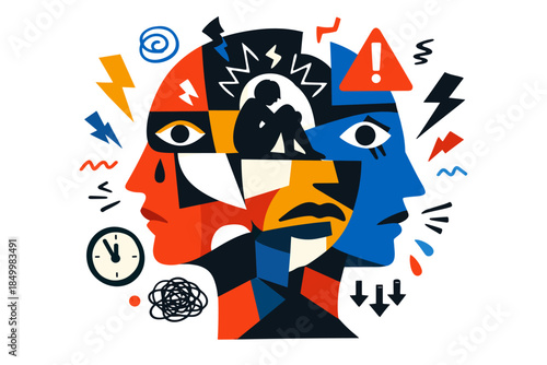 Abstract expression of mental health with dual faces and geometric design