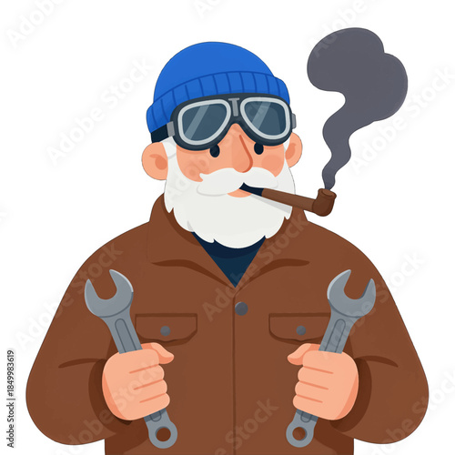 Elderly bearded mechanic smoking pipe and holding wrenches