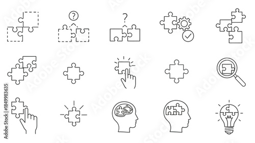 A collection of line art icons representing various aspects of problem-solving, including puzzle pieces, gears, a magnifying glass, a lightbulb, and a human head with puzzle pieces inside,
