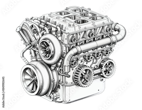 Detailed Turbocharged Car Engine Illustration