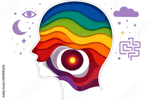 Colorful abstract human head with cosmic eye and psychedelic patterns