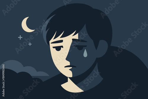 Flat design of sad young man with teardrop under a crescent moon