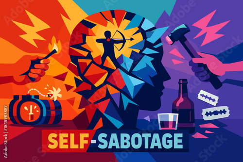 Surreal representation of self-sabotage with fragmented head and symbolic elements
