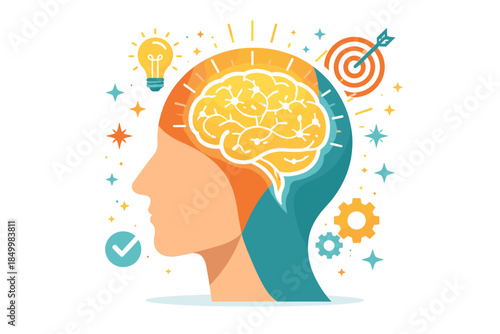 Creative thinking concept with human brain and problem-solving elements in flat style