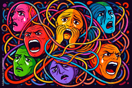 Vibrant abstract faces expressing emotions with colorful entangled lines