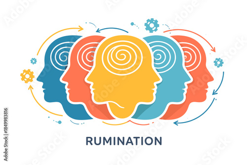 Colorful abstract human silhouette faces illustrating mental processes and rumination
