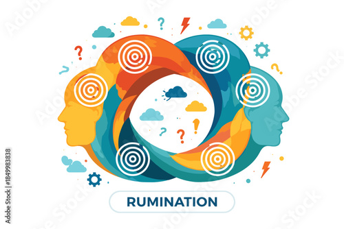 Colorful abstract concept of thought process with human silhouettes and question marks