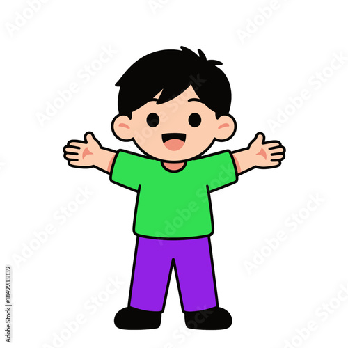 Excited Cartoon Boy in Green Shirt and Purple Pants