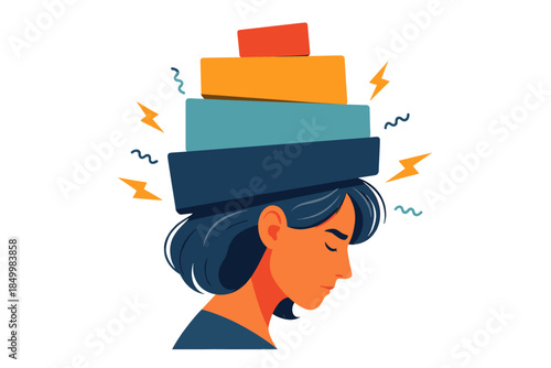 Woman balancing shapes on head with lightning bolts in modern abstract style