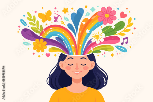 Creative burst of imagination with rainbow and nature elements