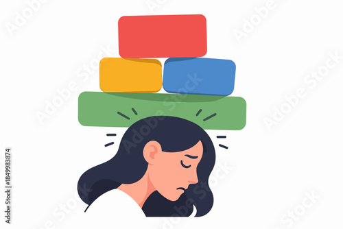 Overwhelmed woman with stacked blocks symbolizing stress and pressure