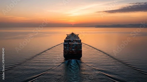 Cargo ship sailing on the ocean at sunset, leaving a wake behind it.