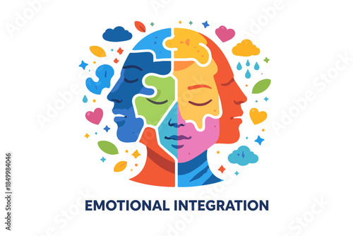 Colorful dual face puzzle concept: emotional unity and mindfulness