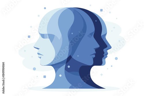 Abstract blue human faces in overlapping silhouette style