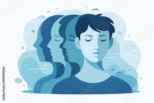 Abstract blue silhouette of serenity and reflection with multiple shadow profiles