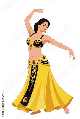 Female belly dancer in yellow and black costume.