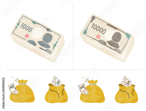 Japanese Yen Bills and Money Bags Illustration