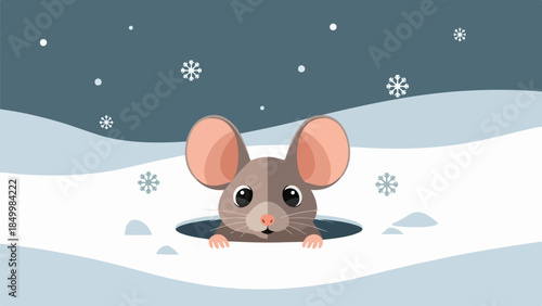 Cartoon mouse peeking out from a snow-covered burrow in a winter landscape