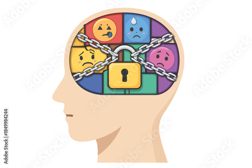 Mental health and emotion concept with locked brain and emojis