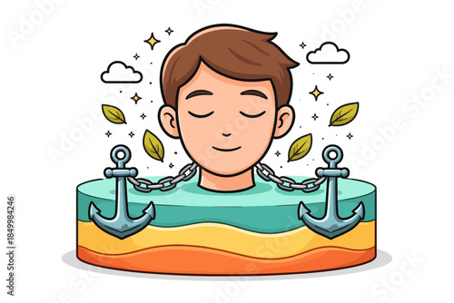 Serene meditative scene with anchors and leaves in cartoon style