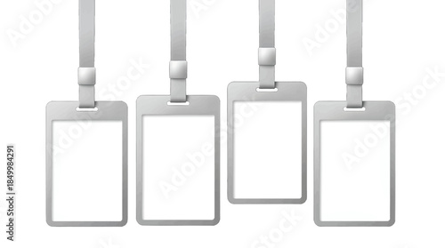 Four blank plastic ID badges with lanyards