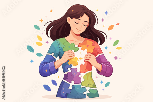Woman completing puzzle of self-discovery with colorful pieces and falling leaves