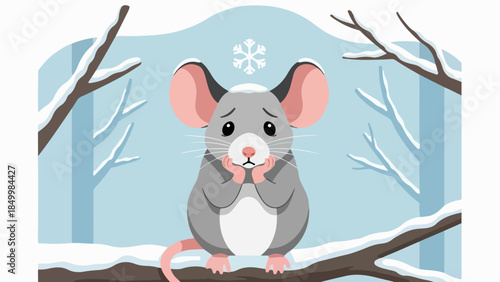 Gray mouse with white belly on brown branch in wintry setting