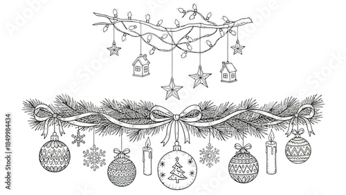 A festive illustration features two distinct Christmas garlands: the upper garland is a bare branch adorned with twinkling fairy lights and small hanging ornaments, including stars and miniature