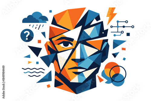 Abstract geometric human face with colorful triangular fragmentation and thought icons