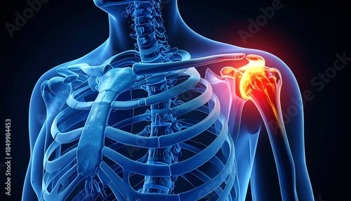Medical Illustration of Human Shoulder Joint with Red Highlight Indicating Pain