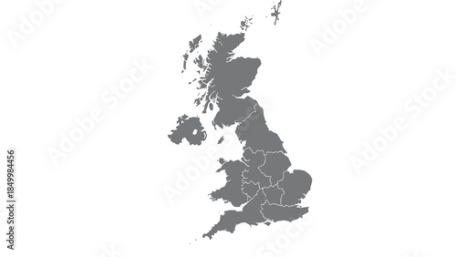 A gray outline map of the United Kingdom, showing its constituent countries and regions, isolated on a white background.
