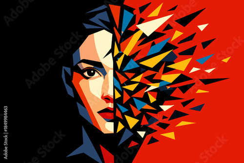 Abstract geometric portrait exploding into vibrant fragments with bold colors