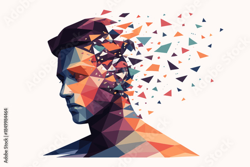 Abstract polygonal portrait with fragmented geometric explosion effect