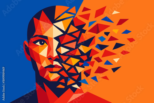 Abstract geometric portrait with vibrant exploding triangles