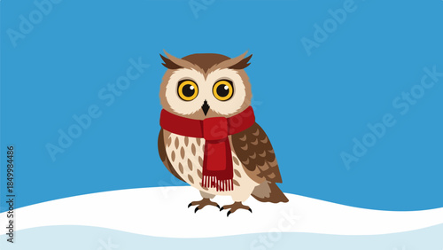Whimsical owl with red scarf standing on snowy surface against blue background