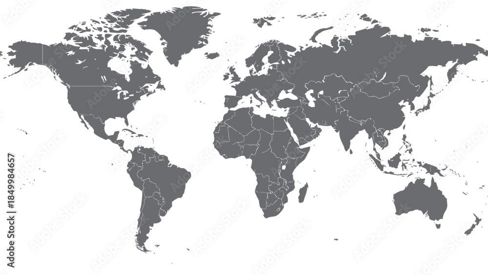 Obraz premium A world map illustration showing all continents in a gray color on a white background.