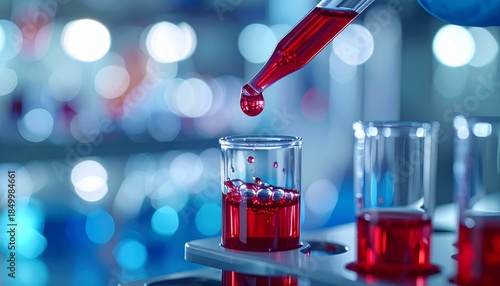 Pipette Dispensing Red Liquid into Beaker in Laboratory Setting