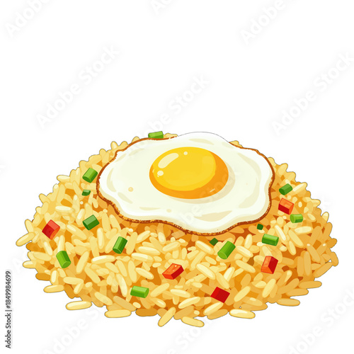 Fried egg on a bed of yellow rice with vegetables