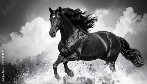 Black Horse Galloping Through Water with Dramatic Splashes and Grayscale Sky