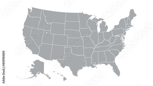 A gray outline map of the United States of America shows all fifty states and Alaska and Hawaii, with a small, white dot indicating the location of a specific state.