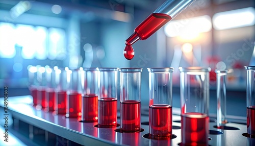 Pipette Dispensing Red Liquid into Beaker in Laboratory Setting