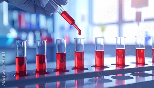 Pipette Dispensing Red Liquid into Beaker in Laboratory Setting