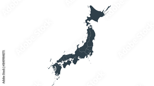 A dark blue silhouette of the islands of Japan is presented against a plain white background, clearly outlining the archipelago's distinctive shape and geographical form.