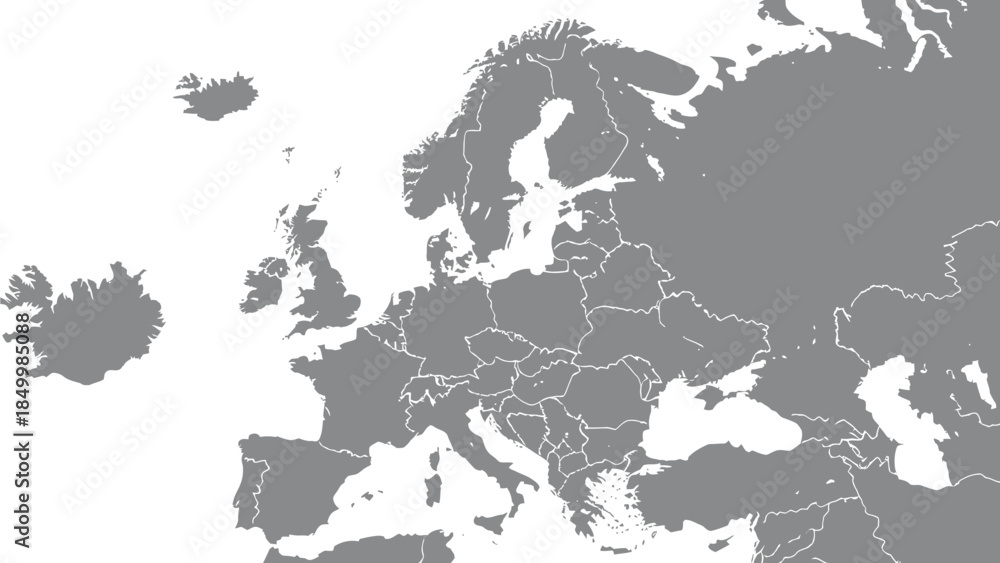 Naklejka premium A clear, gray map displays the geographical boundaries of the continent of Europe, including surrounding islands and bodies of water, with internal country borders delineated.