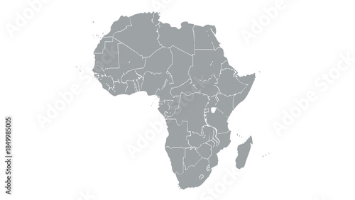 A detailed gray map of the African continent, showcasing its various countries and borders on a clean white background.