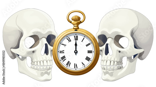 Golden pocket watch flanked by two human skulls.
