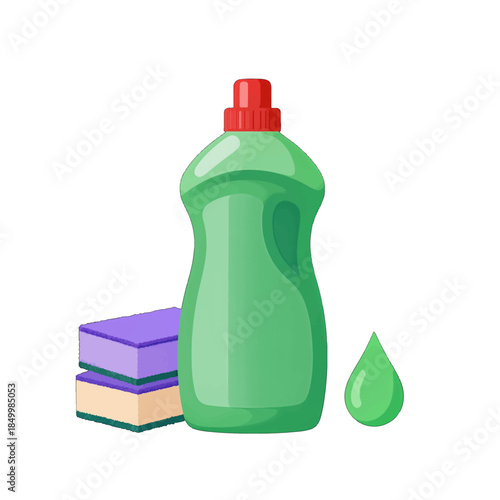 Green dish soap bottle with sponges and droplet