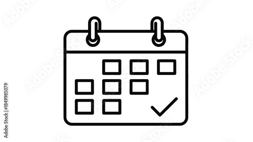 A simple line drawing of a calendar with a checkmark on one of the squares, representing a scheduled event or appointment.